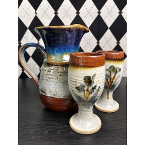 Signed Studio Pottery Pitcher & Goblets Set of 3 Handcrafted Stoneware