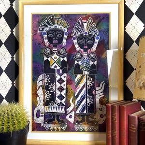 Large Framed Indonesian Batik Textile Art King and Queen Fabric Wall Decor 32”