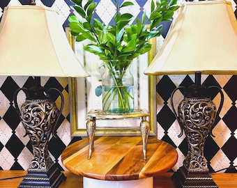 Ornate Moody Lamps Pair  Vintage Black & Gold Table Lamps w/ Cream Ivory Shades