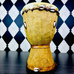 Handcrafted Wood Djembe Drum Cowrie Shell and Cow Hide Bohemian Music Decor