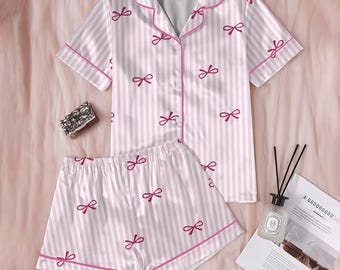 Pijama de satén con lazo rosa para mujer: bonito pijama corto a rayas, sedoso, ideal para dormir, un bonito regalo para ella.