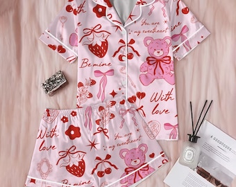 Pink Satin Pajama Set for Women – Valentine Teddy Bear Print Button-Up Sleepwear, Cute Romantic Loungewear