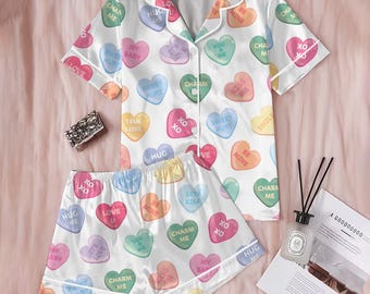 Short Satin Pajama Set for Women – Candy Heart Valentine Print Button-Up Sleepwear, Cute Romantic Loungewear