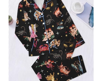 Zodiac Satin Pajama Set for Women – Astrology Mythology Print Button-Up Sleepwear, Celestial Loungewear
