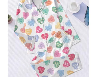Long Satin Pajama Set for Women – Candy Heart Valentine Print Button-Up Sleepwear, Cute Romantic Loungewear