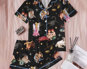 Zodiac Satin Pajama Set for Women – Astrology Mythology Print Button-Up Sleepwear, Celestial Loungewear