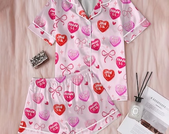 Heart Print Pajama Set for Women, Valentine Satin Sleepwear, Short or Long Sleeve PJ Set, Pink or White