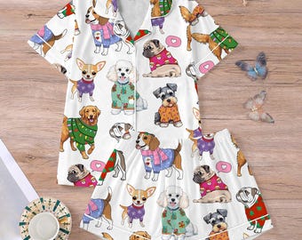 Cartoon Dog Satin Pyjamas, Cute Dogs Satin Pyjama Set, Damen Satin Nachtwäsche Set - Entzückender Hundedruck Seidenpyjama