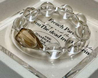 Pulsera de cristal de cuarzo transparente y cristal de té blanco - Doble energía/Pulsera elástica minimalista hecha a mano para mujer/【Embalaje listo para regalar】