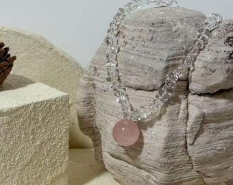 Collar de cuarzo blanco y rosa natural / Colgante grande versátil de doble cuenta de forma libre - Joyería artesanal