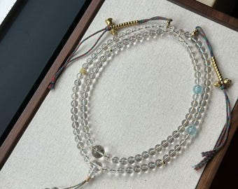 Collar Mala de Cristal Blanco Hecho a Mano / Contador de Aguamarina y Vajra