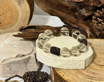 Pulsera de cuarzo transparente y madera de agar hecha a mano / Joyería de cristal unisex