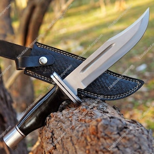 Handgjord Scream Movie Replica-kniv | Ghostface Buck 120 Bloody med fast blad | Äkta Bowie-kniv med läderslida | Present till honom