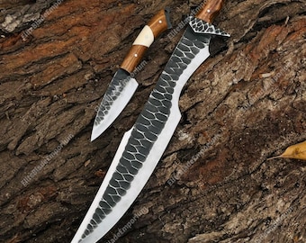 Juego de cuchillos Bowie de acero Cobra Wootz negro hechos a mano, cuchillo de camping con mango de palisandro y hueso, cuchillo de supervivencia con guarda plateada, regalo para él.