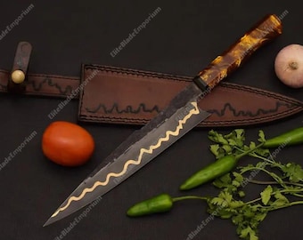 Faca de Chef Japonesa em Cobre Damasco Forjado à Mão | Faca de Cozinha Artesanal | Faca de Cozinha Profissional | Presente para Ele e Ela