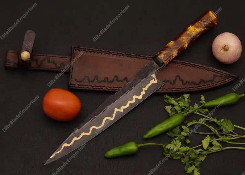 Cuchillo de chef japonés de Damasco de cobre forjado a mano / Cuchillo de cocina artesanal / Cuchillo de cocina profesional / Regalo para él y para ella Japanese Chef Knife