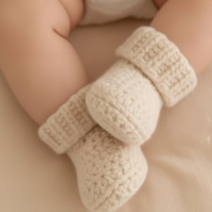 May include: Cream-coloured, hand-crocheted baby booties. The booties feature a folded-over cuff and a textured stitch pattern. The soft, neutral colour and handmade quality suggest a cosy and gentle design, suitable for a newborn.