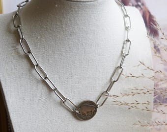 Handmade- Buffalo nickel coin choker 14in extends to 16in- stainless steel chain