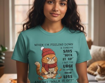 Camiseta con ilustración de Grumpy Cat con gorro / Camiseta con frase sarcástica divertida