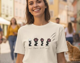Camiseta de piedra, papel o tijera con diseño de pata de gato y manos con una linda huella
