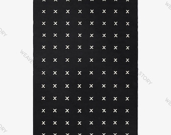 Black Ivory X Pattern Flatweave Rug Modern Handwoven Geometric Handmade Wool Area Rug for Living Room Bedroom Minimalist Decor Rug