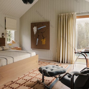 May include: A bedroom interior featuring a large bed with a striped blanket, a patterned rug, and a tufted ottoman. The room has a neutral color palette with a large abstract painting on the wall and a modern chair.