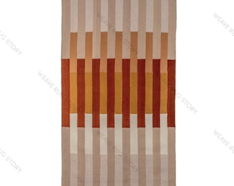 Handgeweven wollen platgeweven vloerkleed: beige, oranje en roestkleurige strepen