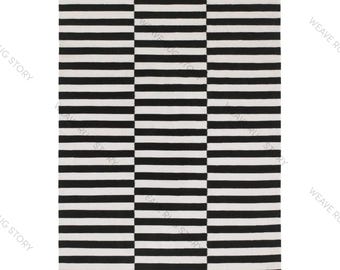 Handwoven Black and White Striped Wool Rug, Modern Kilim