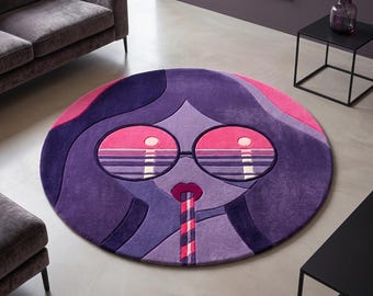 Hand Tufted New Zealand Wool Pop Art Face Rug, Purple Pink Glasses Design (8x10 Oval)