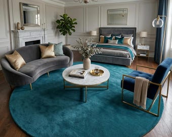 Luxury Teal Round Area Rug, Modern Minimalist Living Room Decor