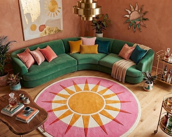 Hand Tufted New Zealand Wool Sunburst Round Rug, Pink Orange Mid-Century Area Rug (8 Ft)