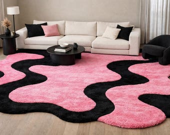 Hand Tufted New Zealand Wool Rug, Pink Black Abstract Wave Design (8x10)