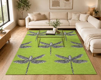 Green Dragonfly Rug, Hand Tufted Insect Carpet, Nature Inspired Living Room Decor