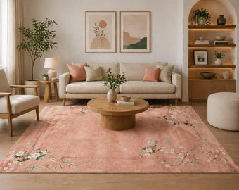 Peach Floral Hand Tufted Area Rug, Vintage Botanical Living Room Carpet