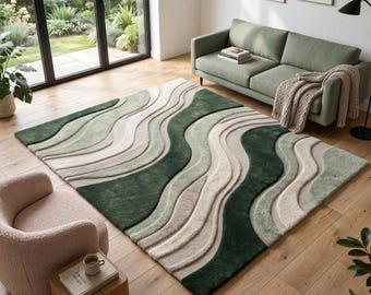 Hand Tufted New Zealand Wool Wave Rug, Forest Green Sage Area Rug (8x10)