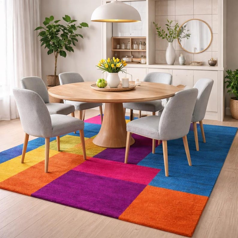 May include: A modern dining room set featuring a round wooden table, six gray upholstered chairs, and a colorful geometric rug. The rug has large blocks of blue, orange, purple, and yellow. A white pendant light hangs above the table.