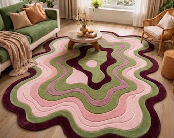 Hand Tufted New Zealand Wool Rug, Organic Wave Design, Pink Green Abstract Area Rug (8x10)