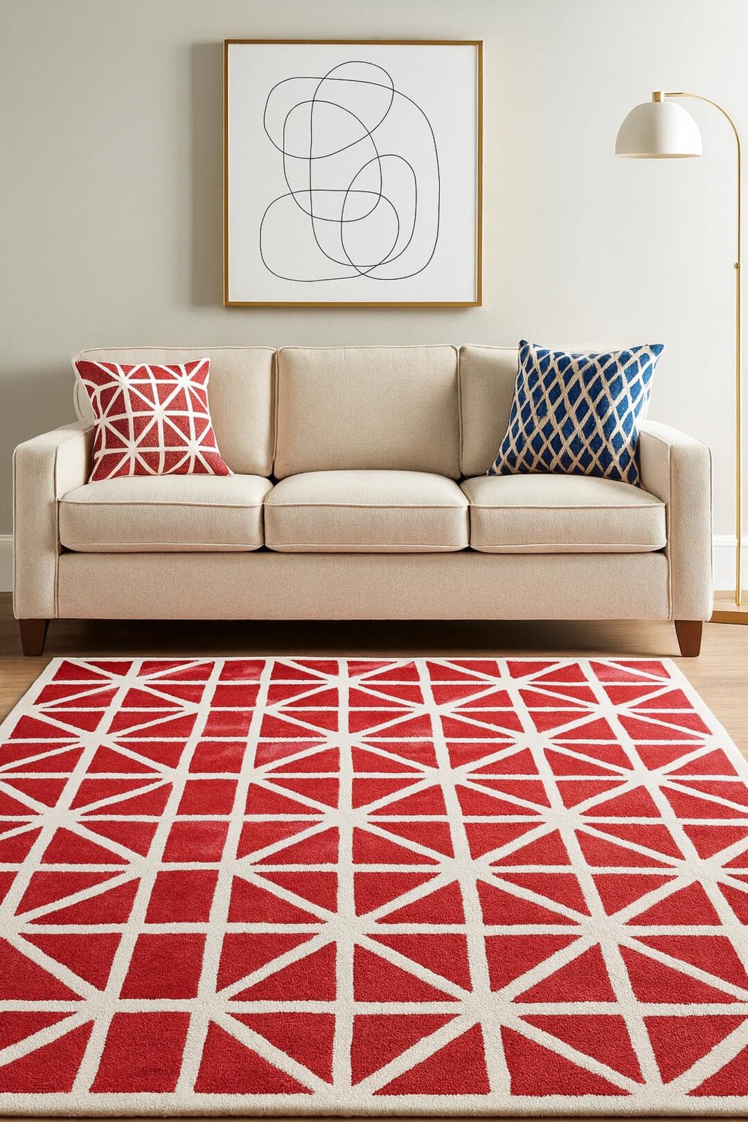 Geometric Patterned Area Rug Red Geometric Pattern Area Rug – Modern Hand-tufted Carpet for Living ...