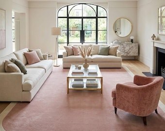 Hand Tufted New Zealand Wool Rug | Blush Pink & Cream Border, Modern Minimalist Area Rug