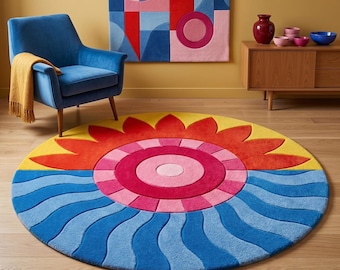 Hand Tufted New Zealand Wool Sunburst Rug, 8 Ft Round, Retro Blue Orange Pink