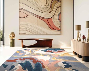 Hand Tufted Abstract Rug, Blue Pink Beige Modern Carpet, Artistic Living Room Floor Runner
