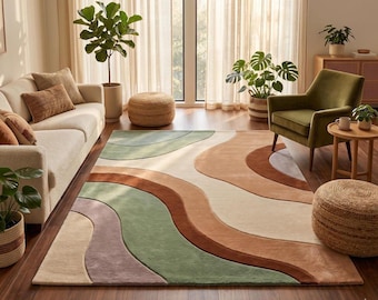 Hand Tufted New Zealand Wool Rug, Sage Green Beige Organic Wave Design (8x10)