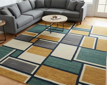 Modern Geometric Area Rug | Teal Mustard Grey Abstract Carpet | hand tufted rug