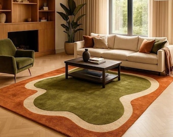Hand Tufted New Zealand Wool Area Rug, Organic Abstract Olive Green Orange Cream (8x10)