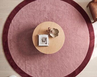 Handmade Tufted Wool Round Area Rug, Blush Pink Burgundy Border, Minimalist Plush Carpet
