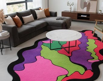 Hand Tufted Irregular Wool Rug, Colorful Abstract Design