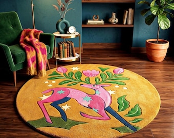 Hand Tufted New Zealand Wool Deer Rug, Pink Floral Design, 8x10 Round Carpet