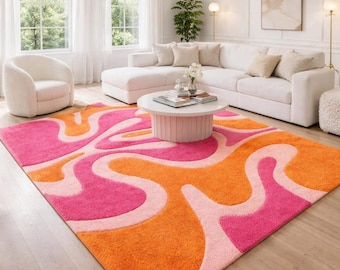 Handmade Wool Abstract Wave Rug, Pink Orange Tufted Living Room Carpet
