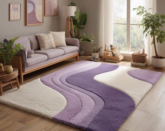 Hand Tufted New Zealand Wool Rug, Purple Abstract Waves, Modern Living Room Decor (8x10)