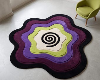 Abstract Flower Area Rug, Wavy Spiral Design, Purple Green Black (Contemporary Statement Carpet)